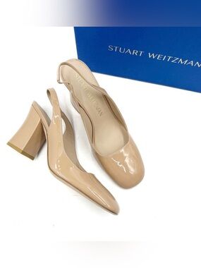 STUART WEITZMAN Nude Patent Slingback Block Heel Pumps.